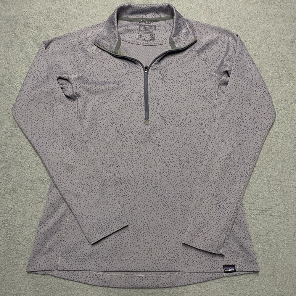 Patagonia Midweight Capilene Pullover Womens Medium Purple Print 1/4 Zip Outdoor